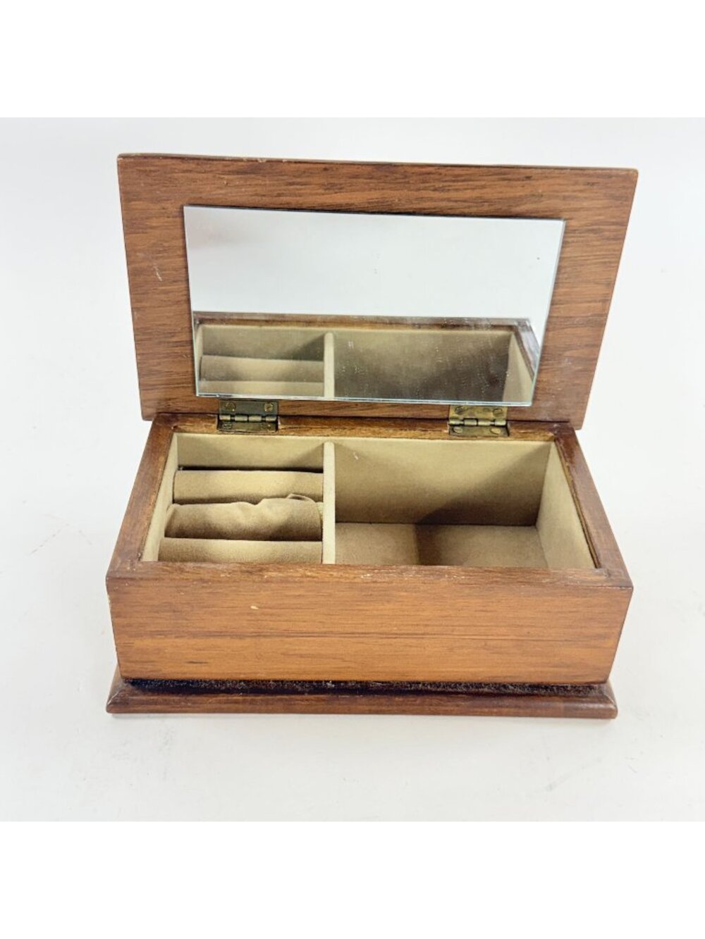 Vintage Wooden Jewelry Box With Mirror Beige Velvet Interior Keepsake Storage